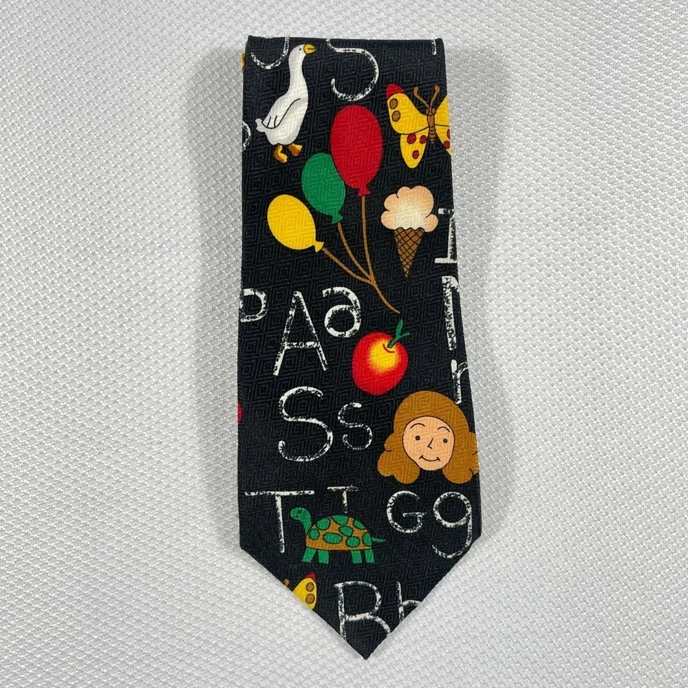 Fratello Silk Mens Alphabet Teacher Novelty Tie Black‎ School Print VTG